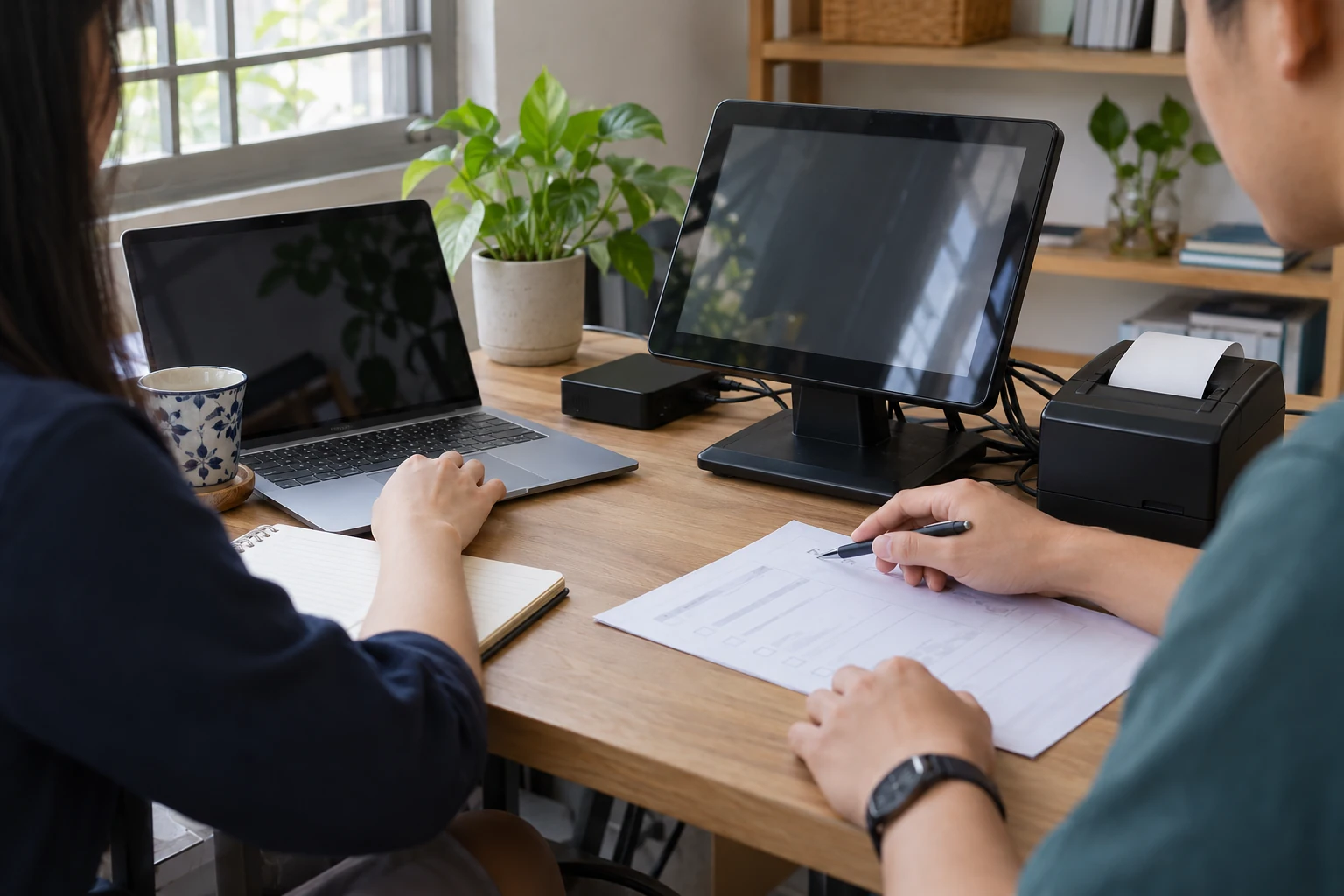 Ảnh minh họa AI: góc làm việc cùng laptop, máy POS và máy in, không phải ảnh đội ngũ thực tế