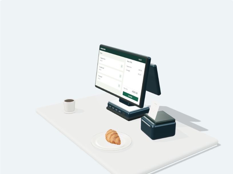 Minh họa POS hai màn hình dùng chung chân đế, máy in hóa đơn và quầy café